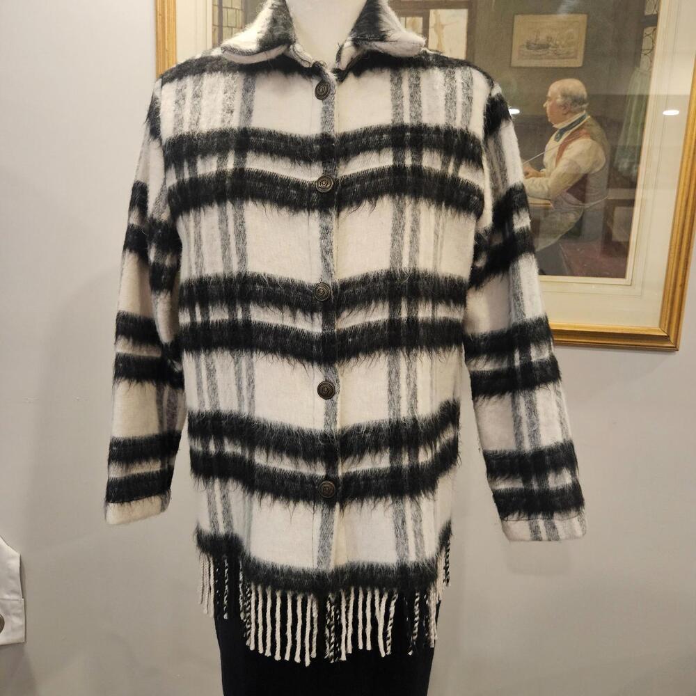 Carré Noir Plaid Knit Fringe Shacket Black White Wool Blend Made in Italy Sz M